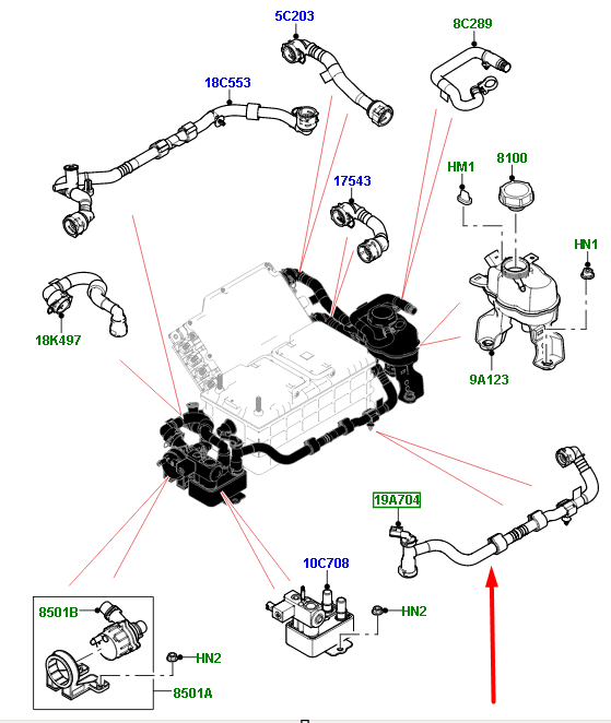 LR185254 Coolant hose from radiator to battery for Range Rover Sport L461 (2023-) Used cost € in stock 1 pcs.